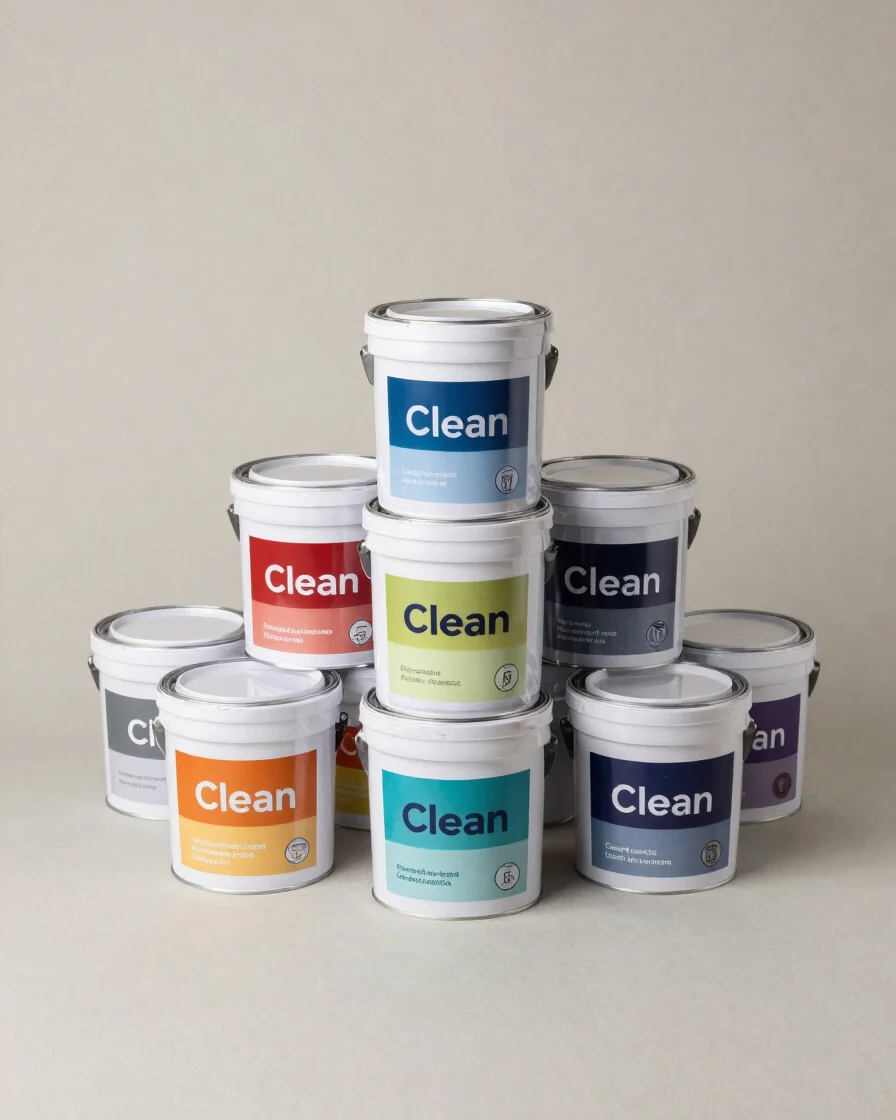 Clean product photography of sealed paint containers grouped on a neutral surface, even studio lighting, catalog framing