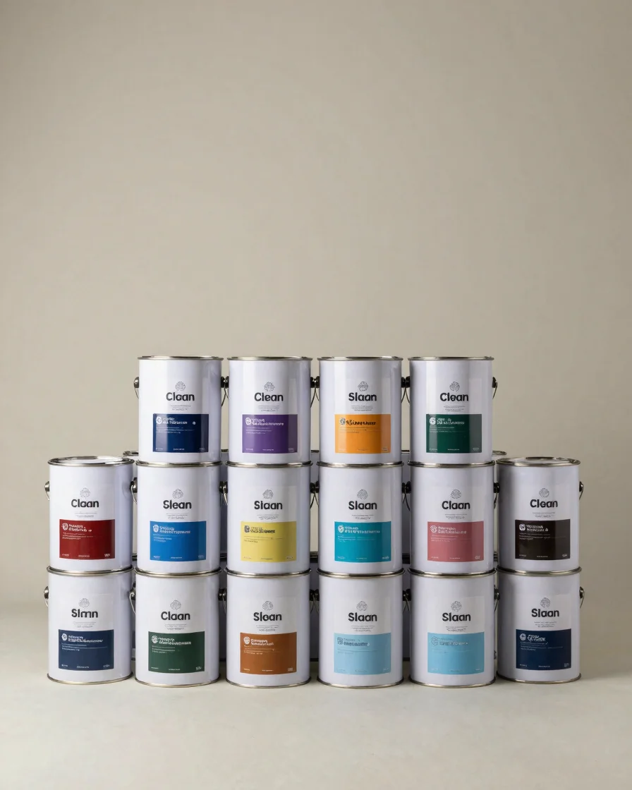 Clean studio product photography of industrial paint cans and var